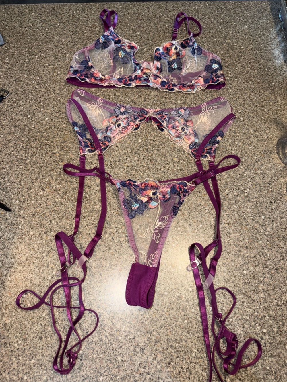 Sheer Purple Floral Embroidered Lace Bra & Garter Set